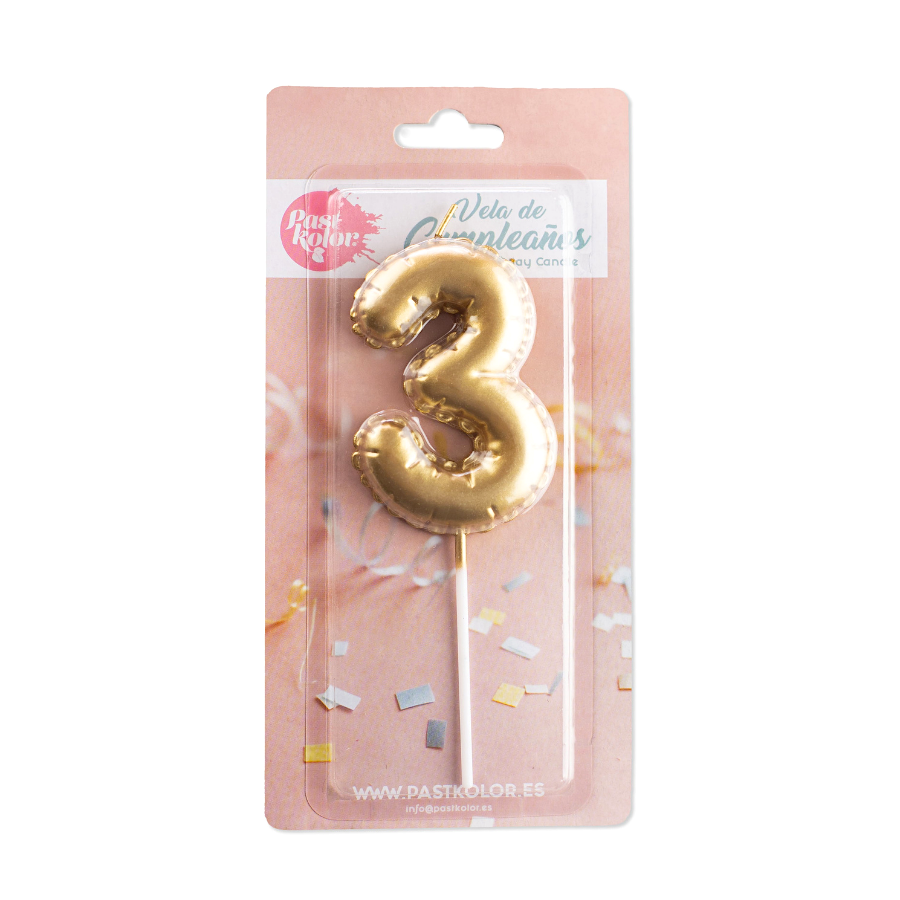 VELA CUMPLEAÑOS GLOBO DORADA - NUMERO 3 - Imagen 2