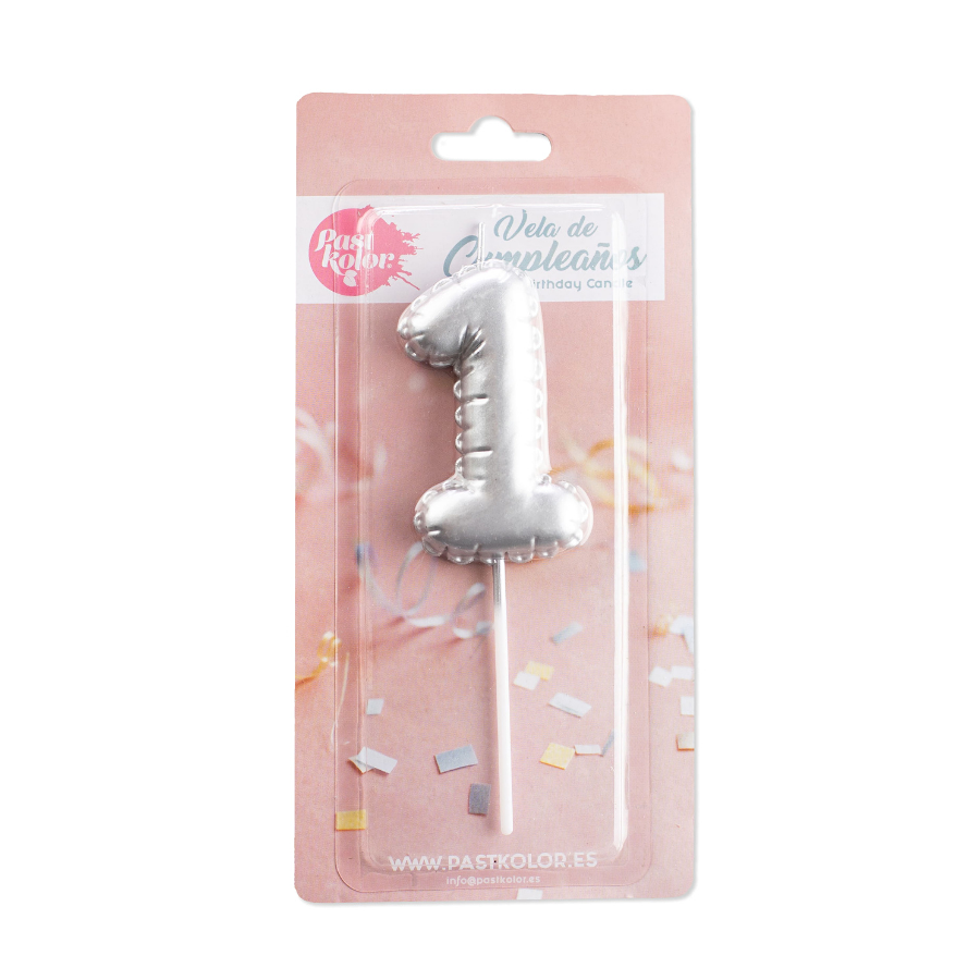 VELA CUMPLEAÑOS GLOBO PLATEADA - NUMERO 1 - Imagen 2